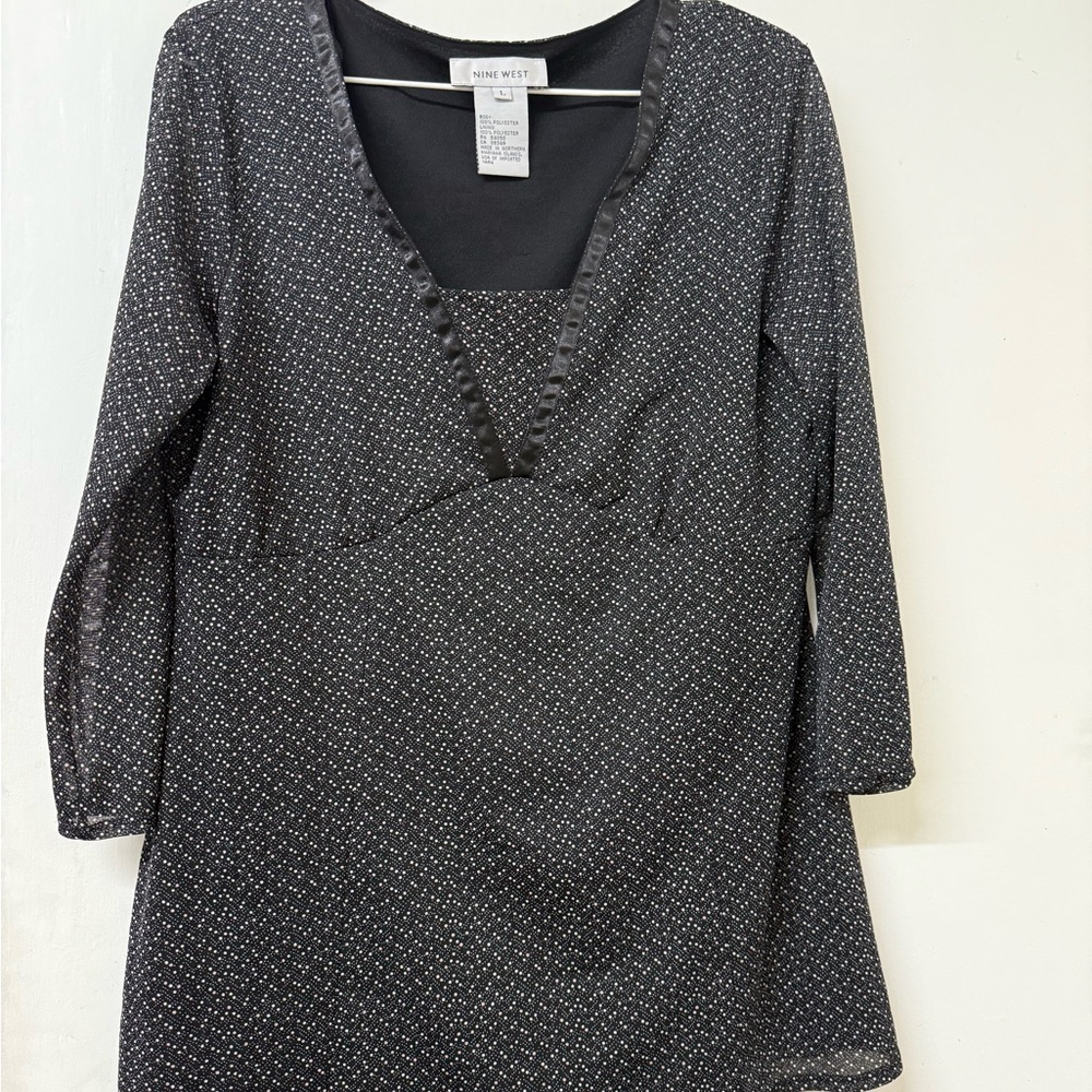 Nine West Black Long Sleeve blouse with Dotted Pattern